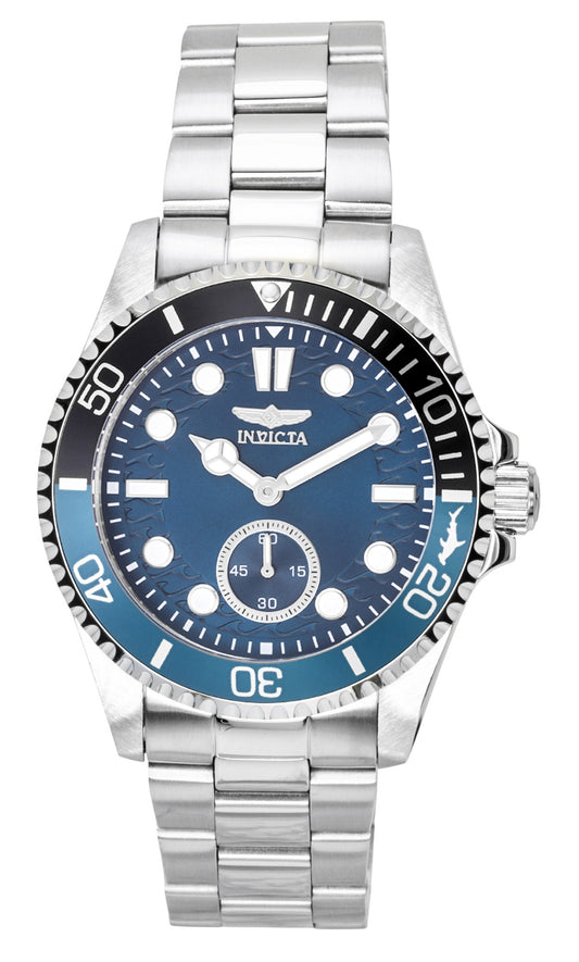 Invicta Pro Diver Stainless Steel Blue Dial Batman Bezel. A brand-new Invicta Pro Diver watch featuring a Blue dial and a Stainless steel strap. Front view.