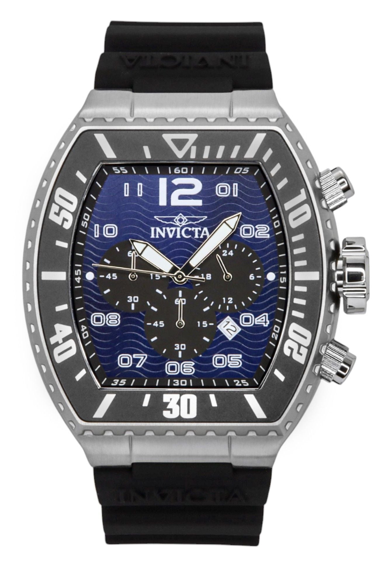 Invicta Pro Diver Zager Chronograph GMT Silicone Strap Blue. A brand-new Invicta Pro Diver watch featuring a Blue dial and a Silicone strap. Front view.