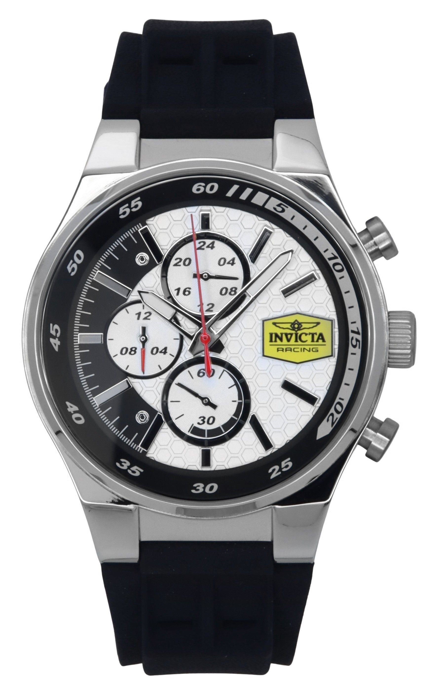 Invicta Racing Chronograph Silicone Strap White Dial Quartz. A brand-new Invicta Racing watch featuring a White dial and a Silicone strap. Angled view.