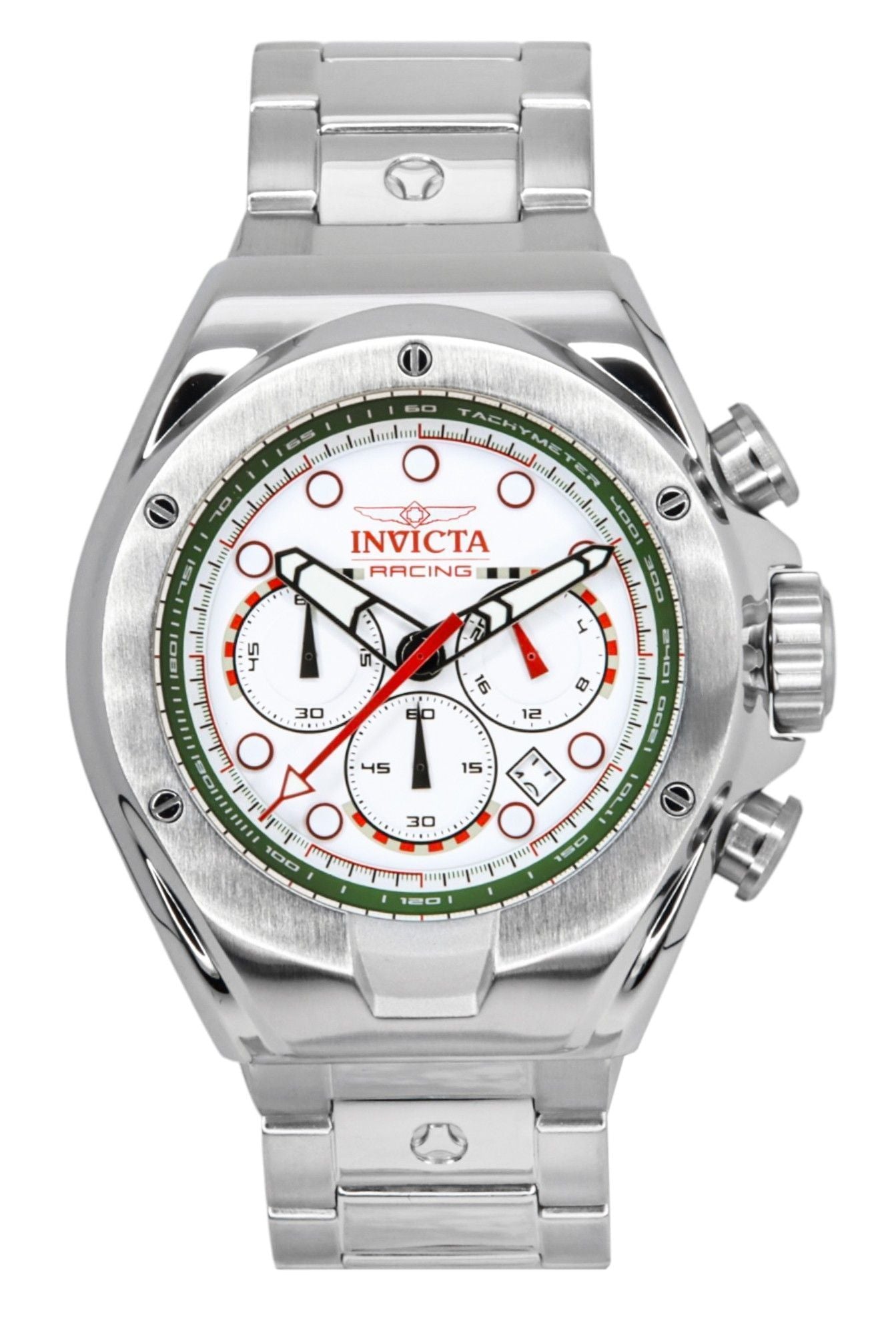 Invicta Racing Chronograph Stainless Steel White Dial. A brand-new Invicta Racing watch featuring a White dial and a Stainless steel strap. Angled view.
