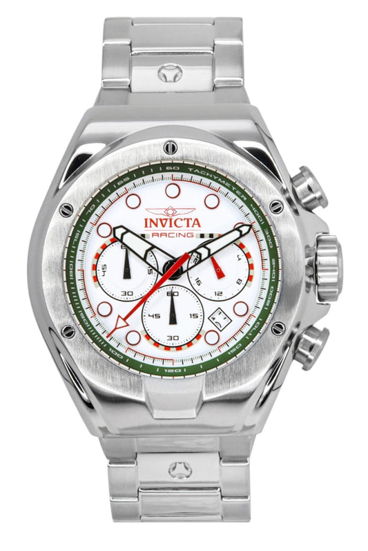 Invicta Racing Chronograph Stainless Steel White Dial. A brand-new Invicta Racing watch featuring a White dial and a Stainless steel strap. Angled view.