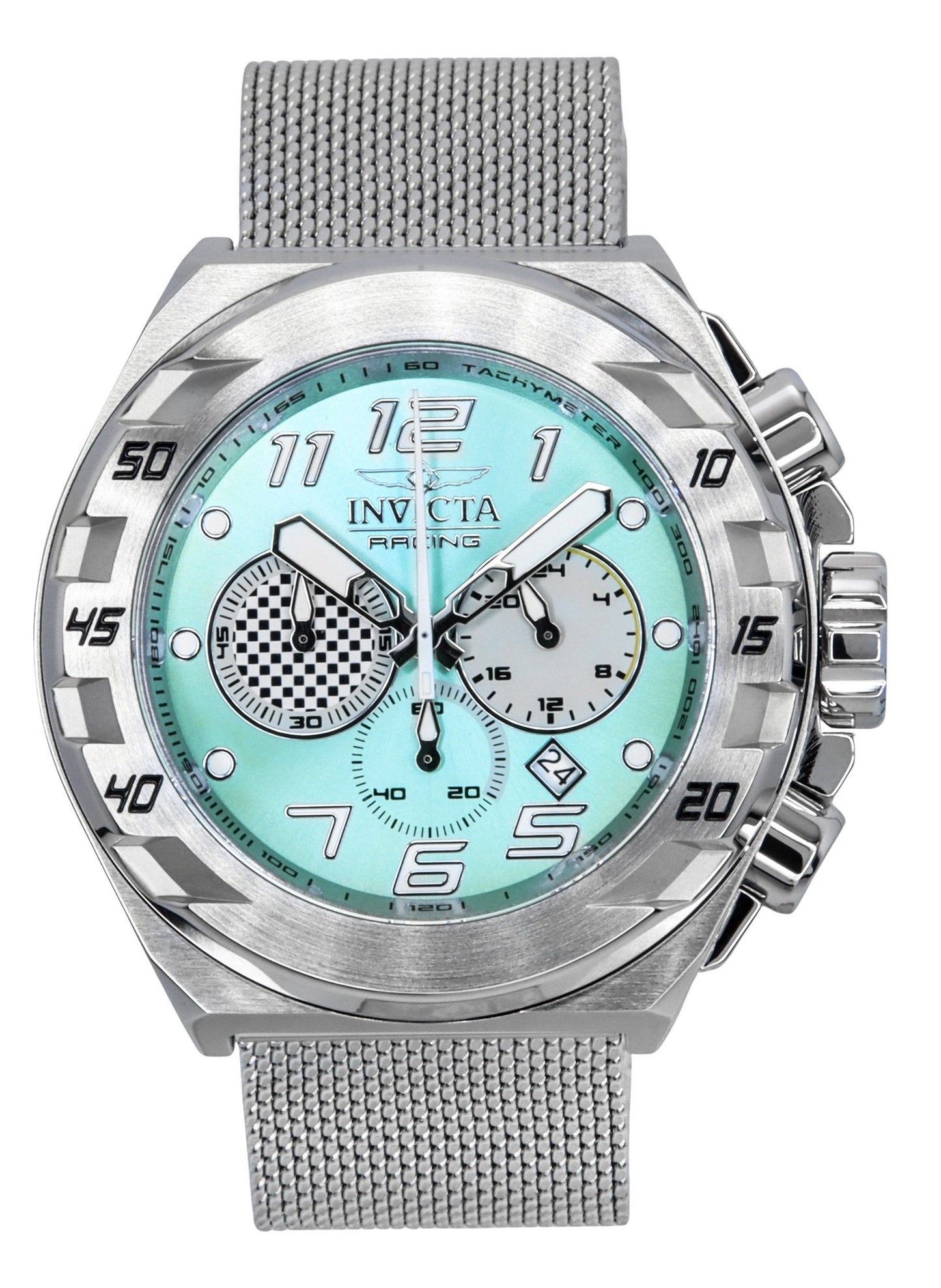 Invicta Racing Stainless Steel Turquoise Dial Quartz 47202. A brand-new Invicta Racing watch featuring a Turquoise dial and a Stainless steel strap. Front view.