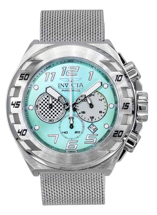 Invicta Racing Stainless Steel Turquoise Dial Quartz 47202. A brand-new Invicta Racing watch featuring a Turquoise dial and a Stainless steel strap. Front view.
