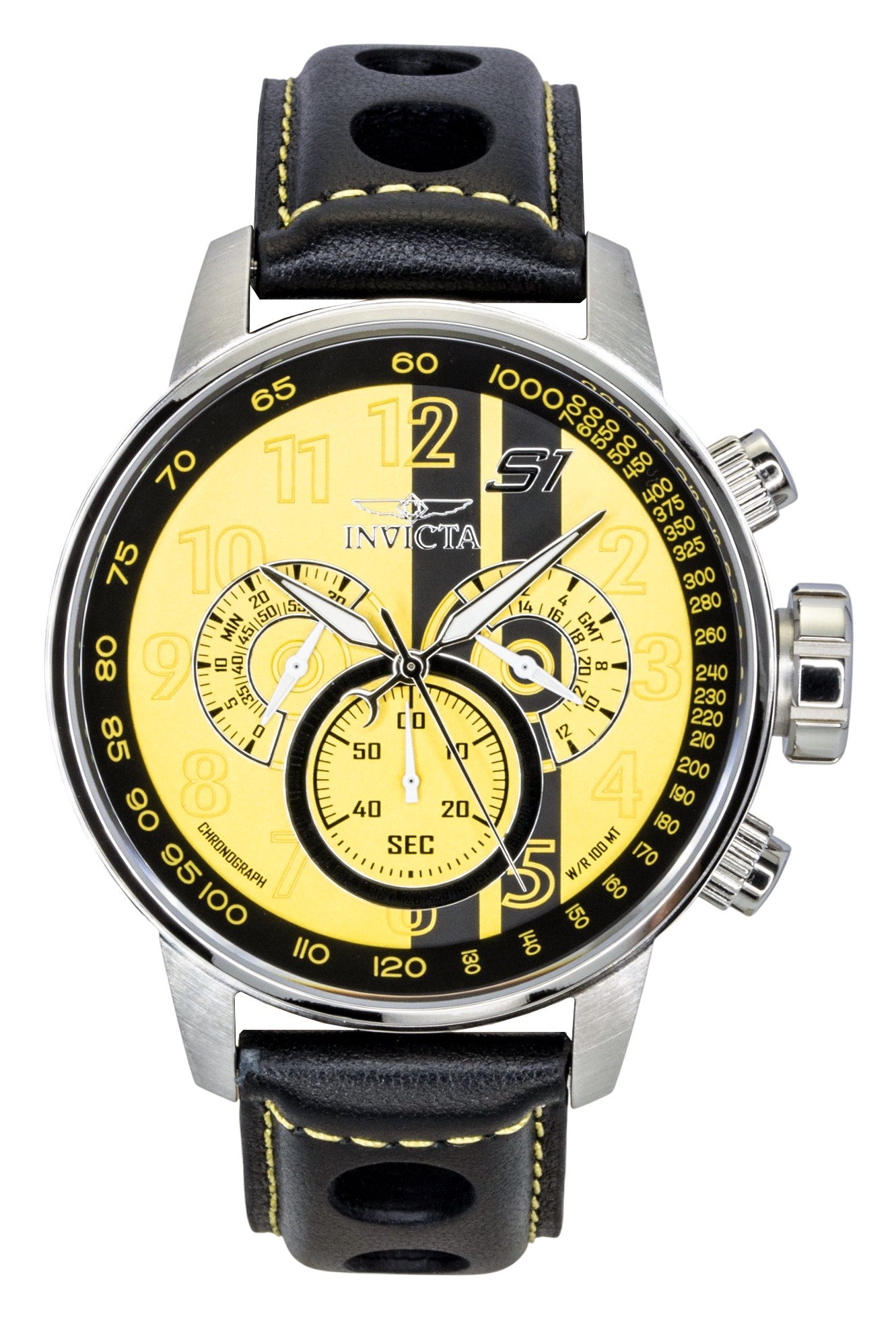 Invicta S1 Rally Chronograph GMT Leather Strap Yellow and. A brand-new Invicta S1 Rally watch featuring a Black dial and a Leather strap. Side view.