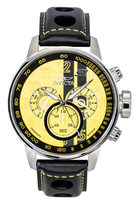 Invicta S1 Rally Chronograph GMT Leather Strap Yellow and. A brand-new Invicta S1 Rally watch featuring a Black dial and a Leather strap. Side view.