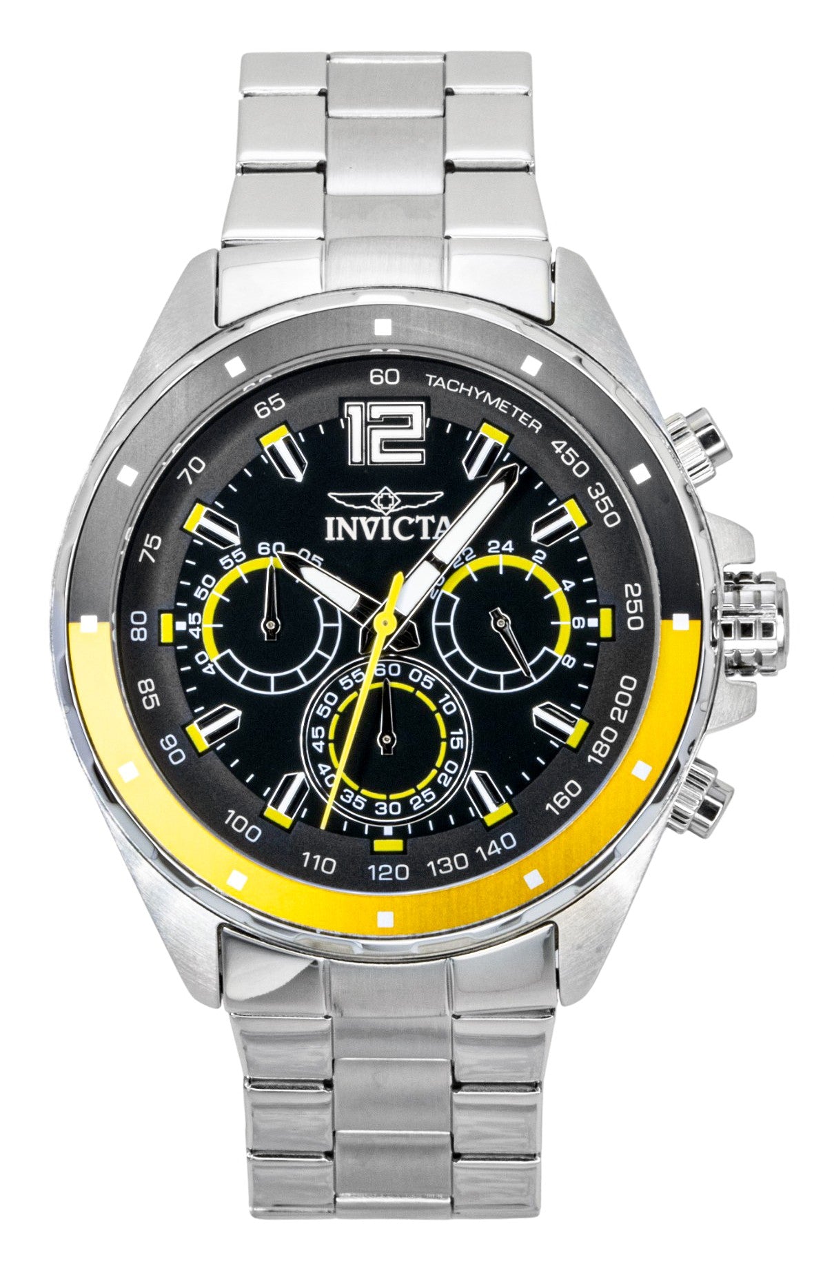 Invicta Speedway Chronograph GMT Stainless Steel Black Dial. A brand-new Invicta Speedway watch featuring a Black dial and a Stainless steel strap. Side view.