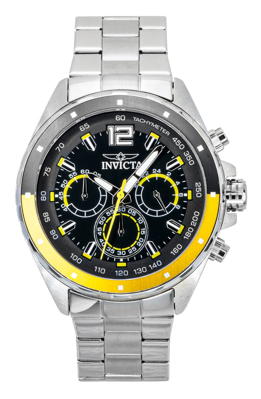 Invicta Speedway Chronograph GMT Stainless Steel Black Dial. A brand-new Invicta Speedway watch featuring a Black dial and a Stainless steel strap. Side view.