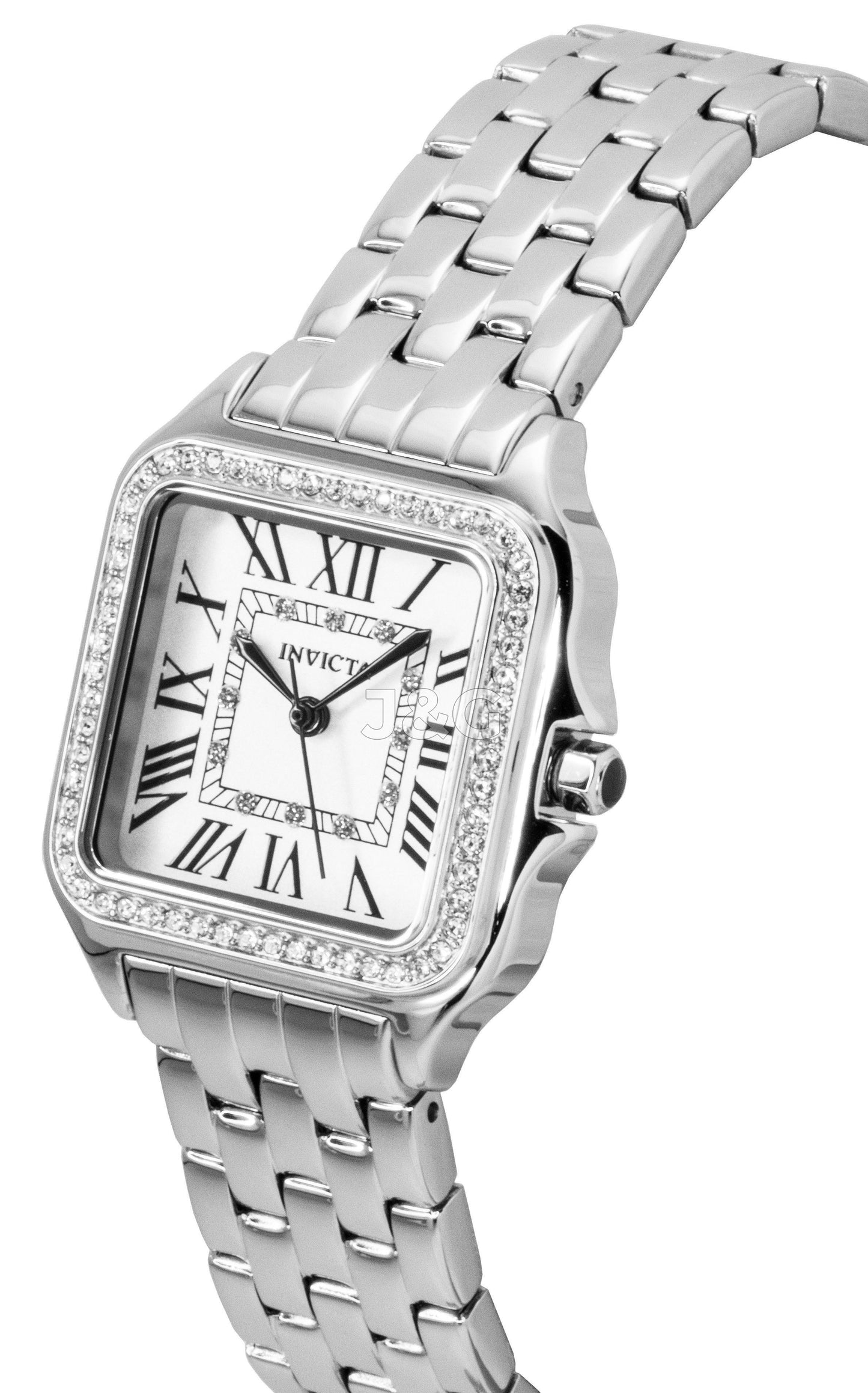 Invicta Angel Quartz movement Crystal Silver Stainless steel Female INV48994. A brand-new Invicta Angel watch featuring a Crystal Silver dial and a Stainless steel strap. Angled view. - view 2