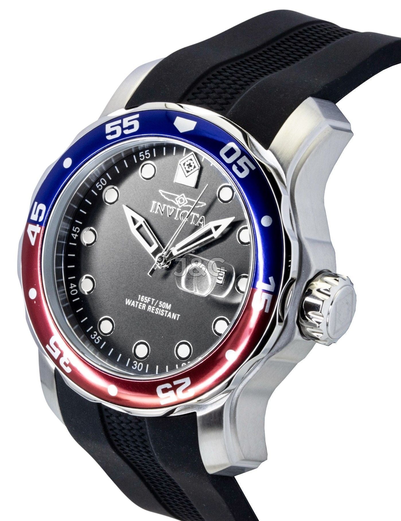 Invicta Pro Diver Quartz movement Black Silicone Male INV45735. A brand-new Invicta Pro Diver watch featuring a Black dial and a Silicone strap. Front view. - view 3