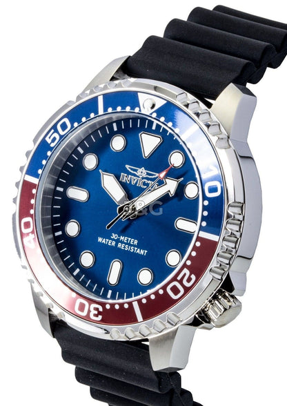 Invicta Pro Diver Quartz movement Blue Silicone Male INV47222. A brand-new Invicta Pro Diver watch featuring a Blue dial and a Silicone strap. Front view. - view 3