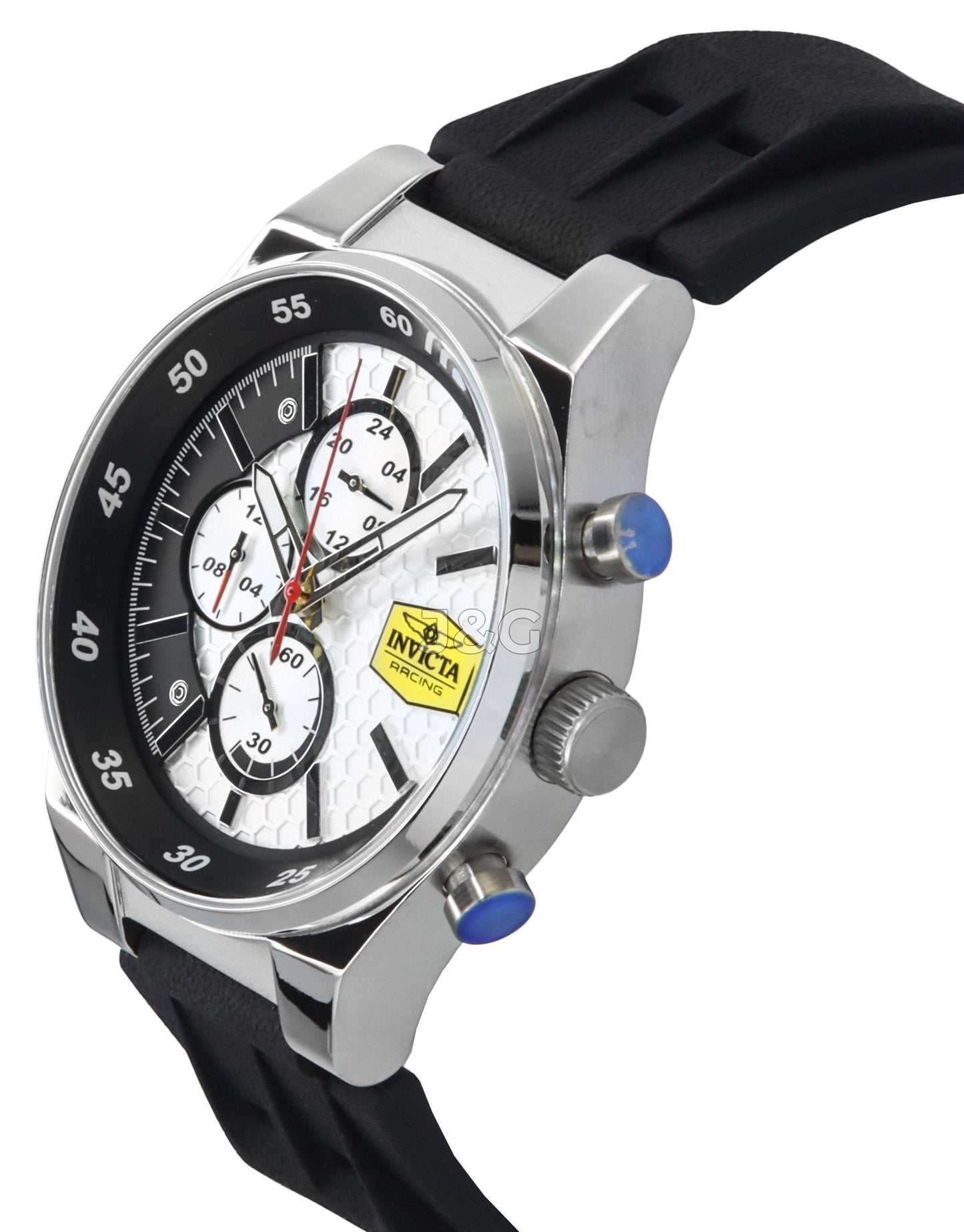 Invicta Racing Luminous hands White Silicone Male INV47736. A brand-new Invicta Racing watch featuring a White dial and a Silicone strap. Angled view. - view 3