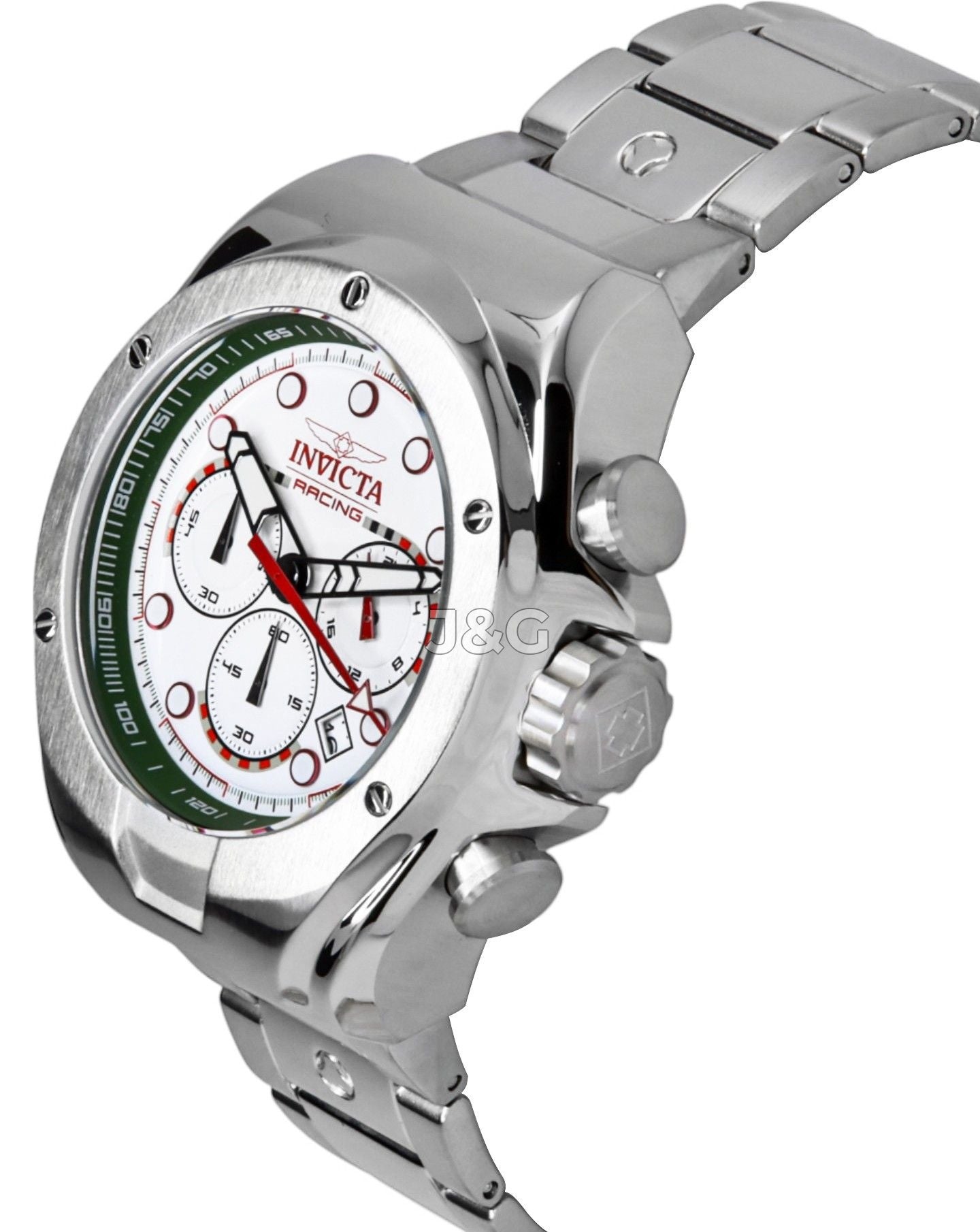 Invicta Racing Quartz movement White Stainless steel Male INV47746. A brand-new Invicta Racing watch featuring a White dial and a Stainless steel strap. Angled view. - view 3