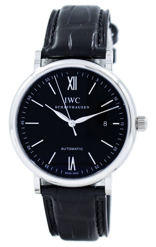 IWC Portofino Automatic Stainless Steel Water Resistant. A brand-new IWC Portofino watch featuring a Leather strap. Angled view.