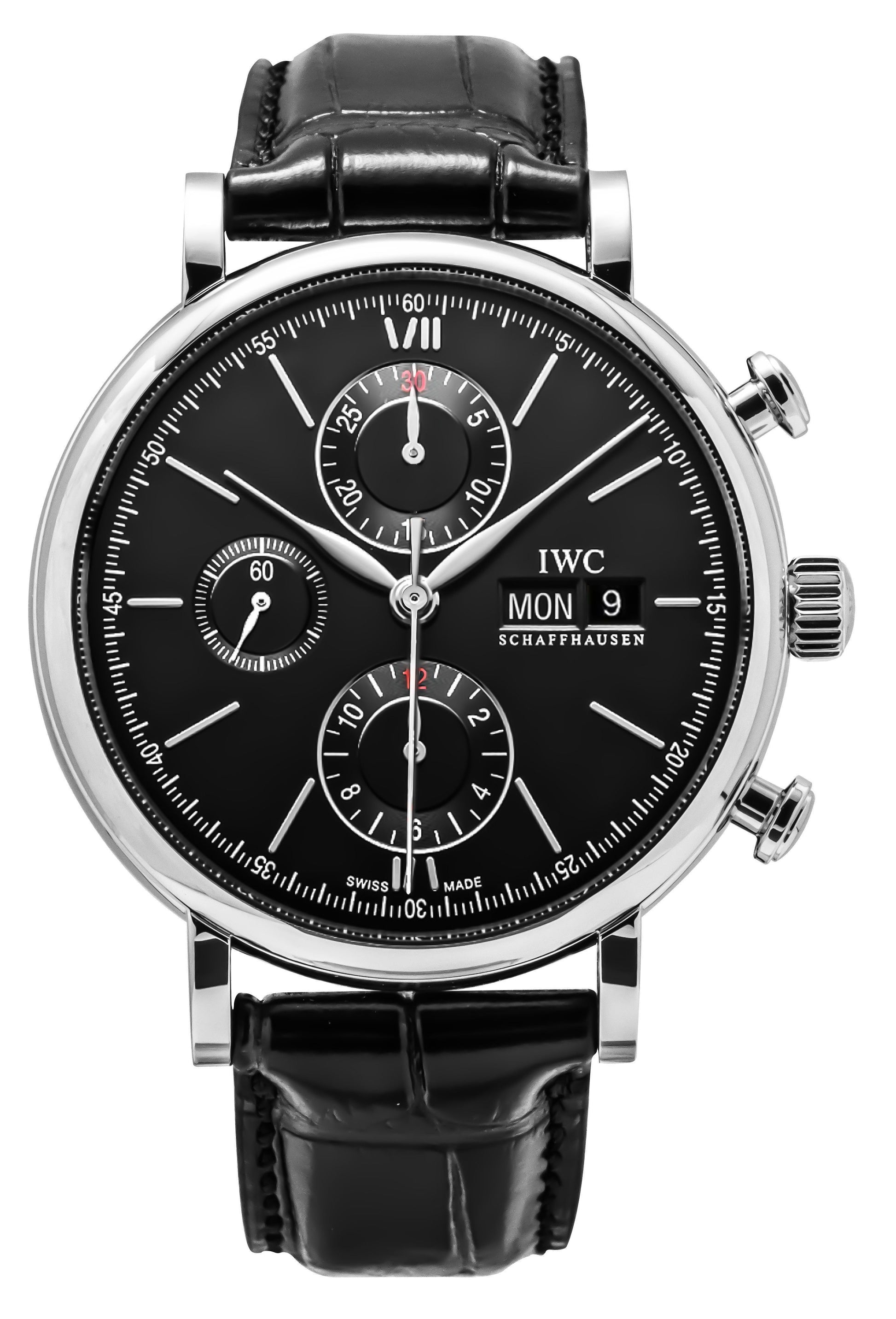 IWC Portofino Chronograph Leather Strap Black Dial Automatic. A brand-new IWC Portofino watch featuring a Black dial and a Leather strap. Angled view.