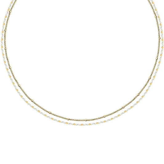 La Petite Story Gold Tone Steel Necklace With White Beads. A brand-new La Petite Story watch. Angled view.