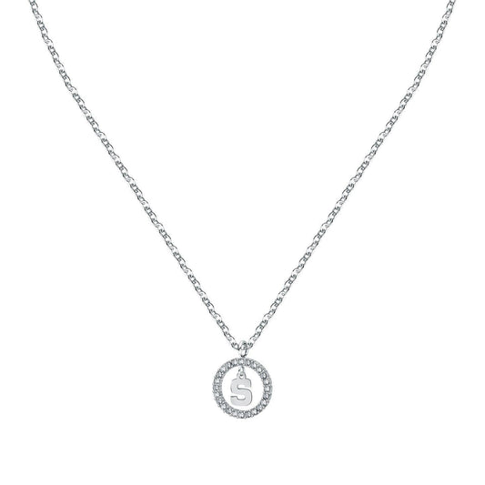 La Petite Story Letter S Steel Necklace With Clear Crystal. A brand-new La Petite Story watch. Angled view.