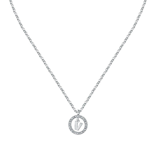 La Petite Story Letter V Steel Necklace With Clear Crystal. A brand-new La Petite Story watch. Angled view.