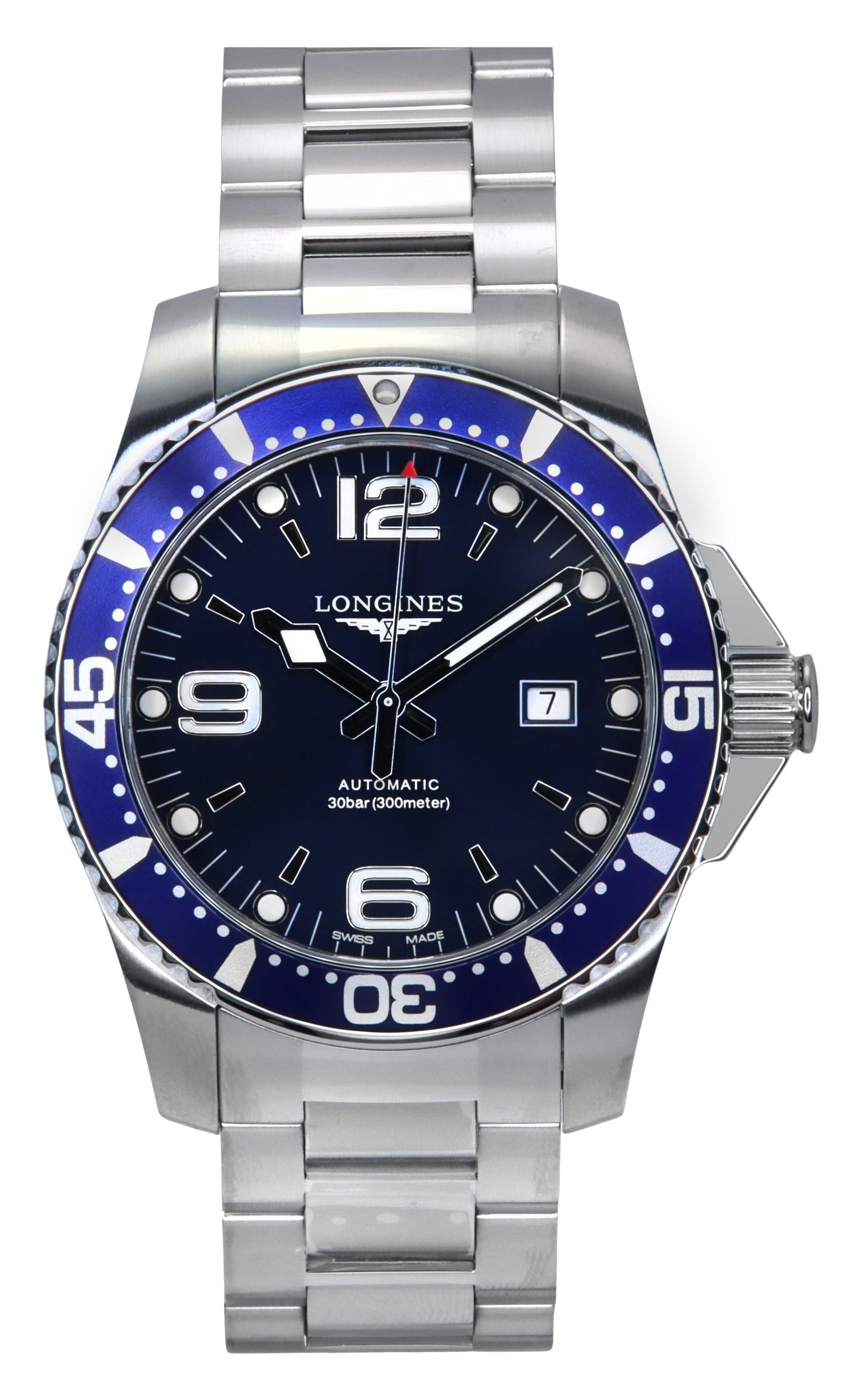 Longines Hydroconquest Stainless Steel Sunray Blue Dial. A brand-new Longines Hydroconquest watch featuring a Blue dial and a Stainless steel strap. Front view.