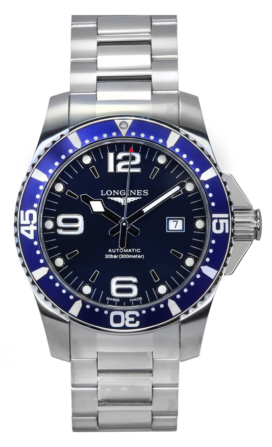 Longines Hydroconquest Stainless Steel Sunray Blue Dial. A brand-new Longines Hydroconquest watch featuring a Blue dial and a Stainless steel strap. Front view.