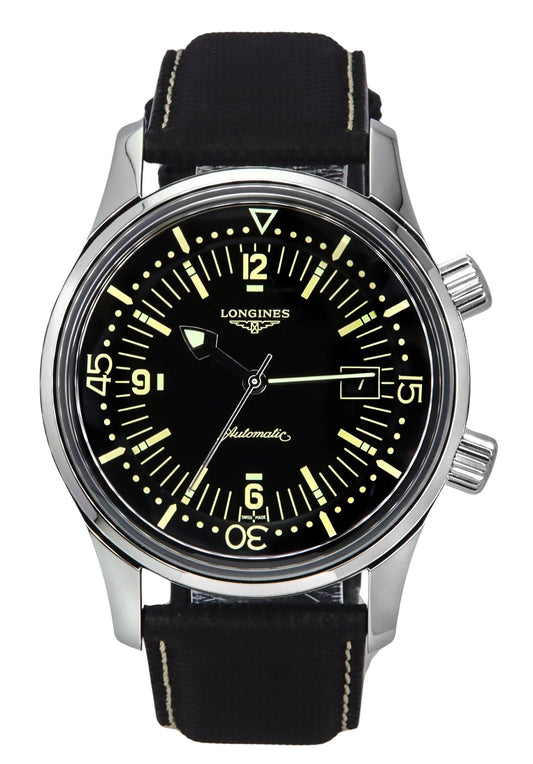 Longines Legend Diver Leather Strap Black Dial Automatic. A brand-new Longines Legend Diver watch featuring a Black dial and a Leather strap. Side view.