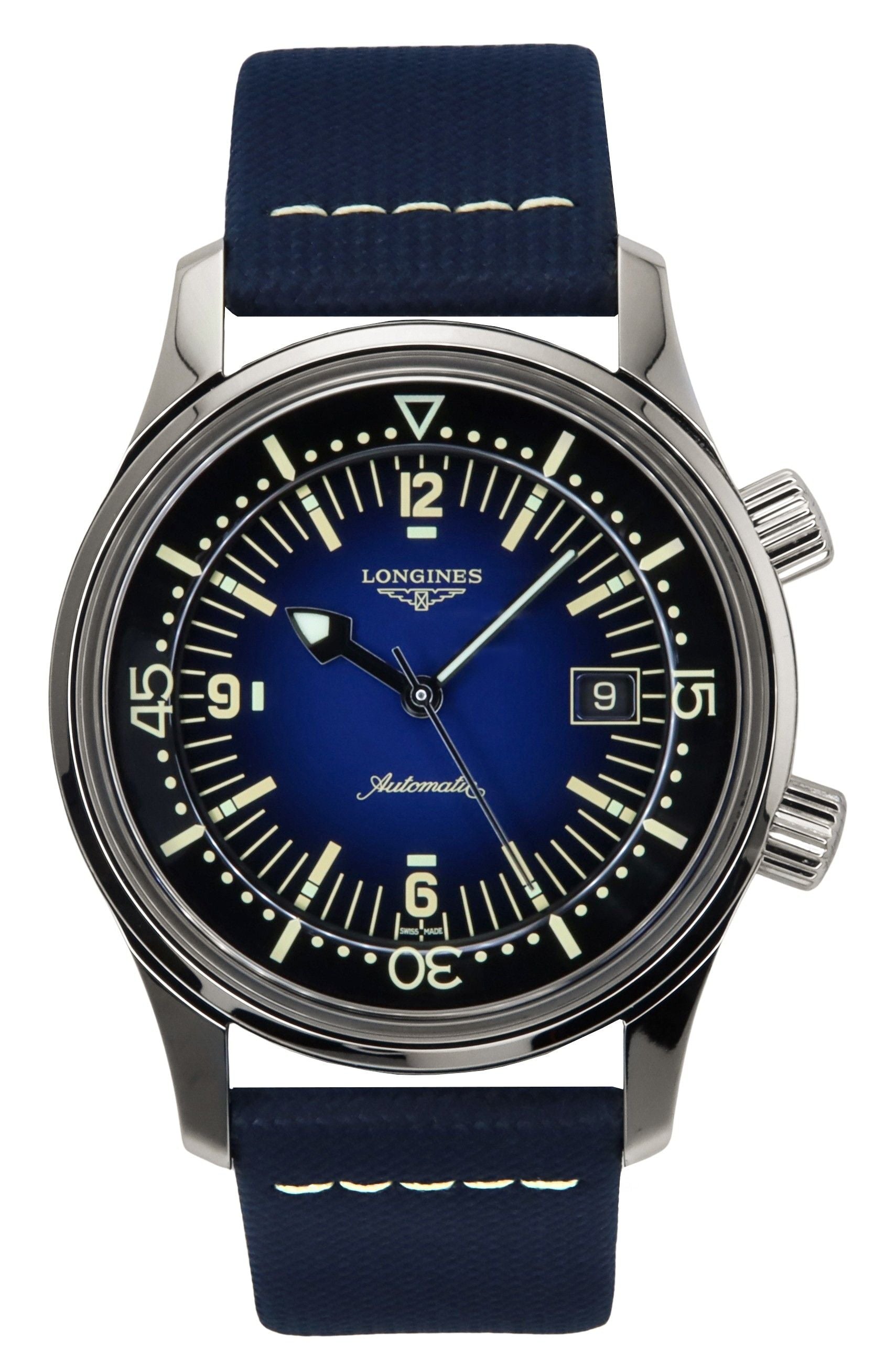 Longines Legend Diver Leather Strap Blue Dial Automatic 300M. A brand-new Longines Legend Diver watch featuring a Blue dial and a Leather strap. Angled view.