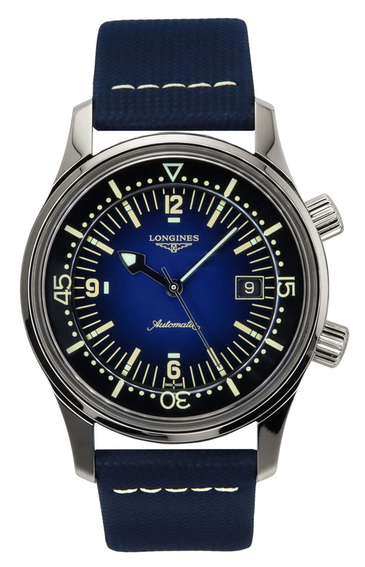 Longines Legend Diver Leather Strap Blue Dial Automatic 300M. A brand-new Longines Legend Diver watch featuring a Blue dial and a Leather strap. Angled view.
