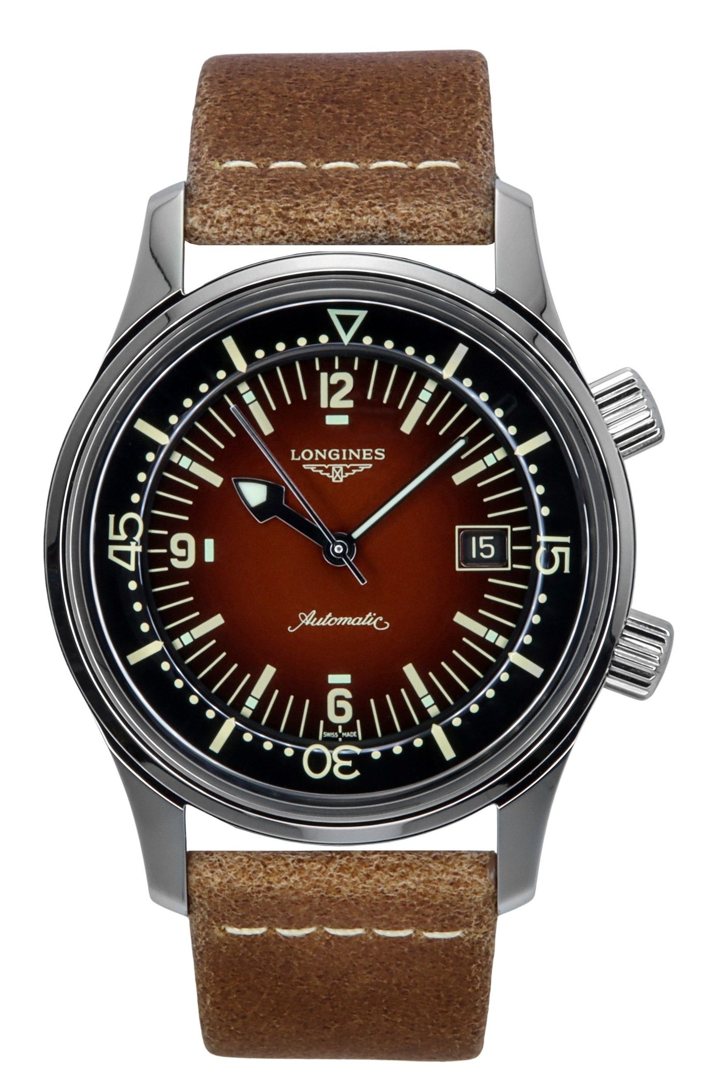 Longines Legend Diver Leather Strap Brown Dial Automatic. A brand-new Longines Legend Diver watch featuring a Leather strap. Angled view.