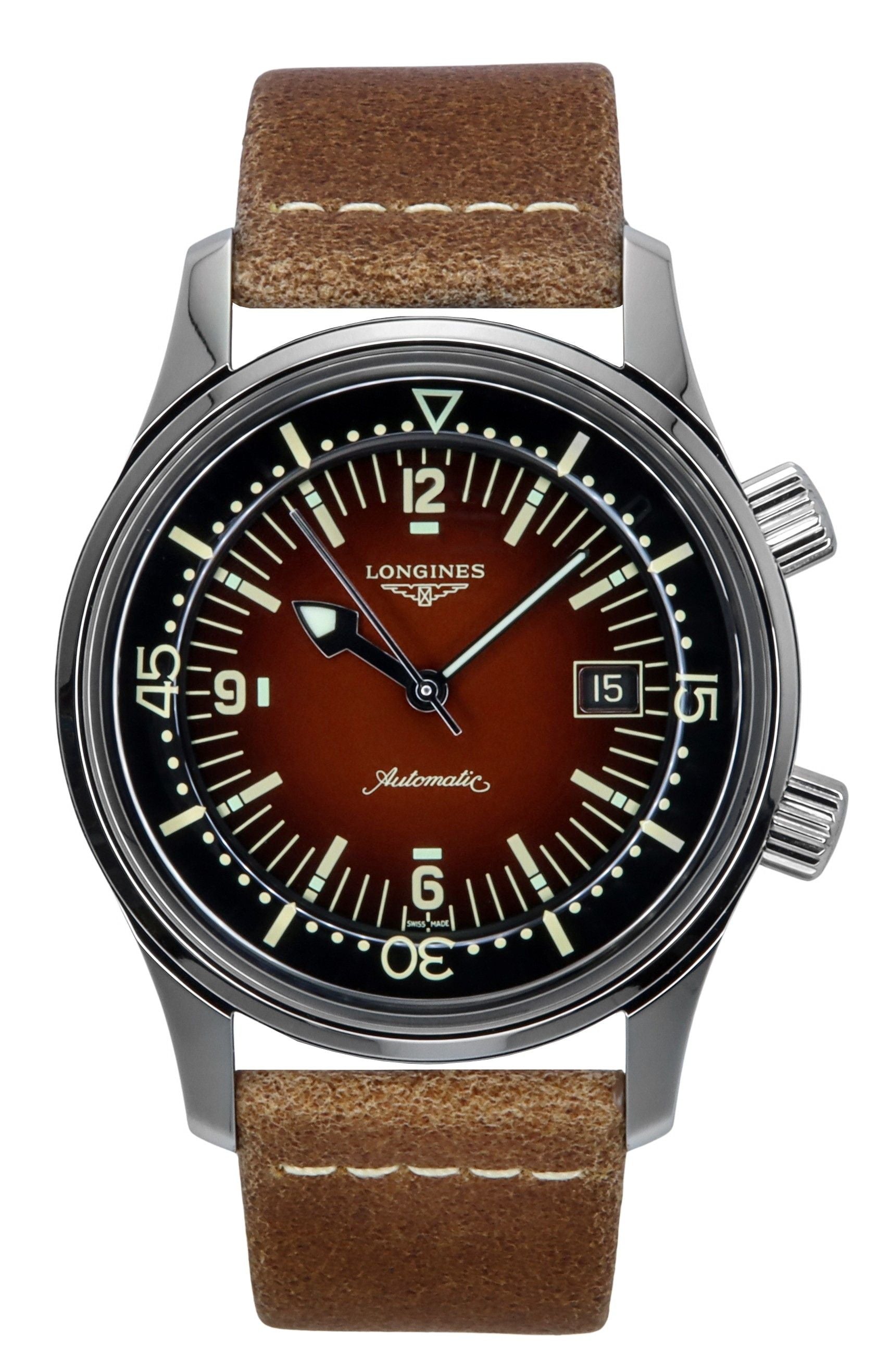 Longines Legend Diver Leather Strap Brown Dial Automatic. A brand-new Longines Legend Diver watch featuring a Leather strap. Angled view.