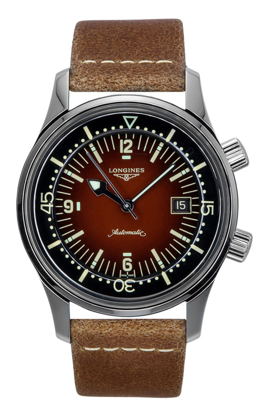 Longines Legend Diver Leather Strap Brown Dial Automatic. A brand-new Longines Legend Diver watch featuring a Leather strap. Angled view.