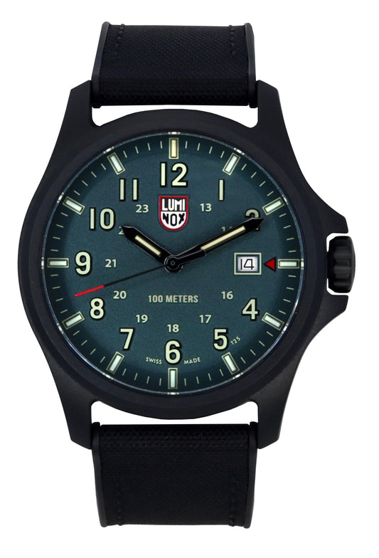 Luminox Atacama Field Rubber Strap Green Dial Quartz 100M. A brand-new Luminox watch featuring a Green dial and a Rubber strap. Angled view.