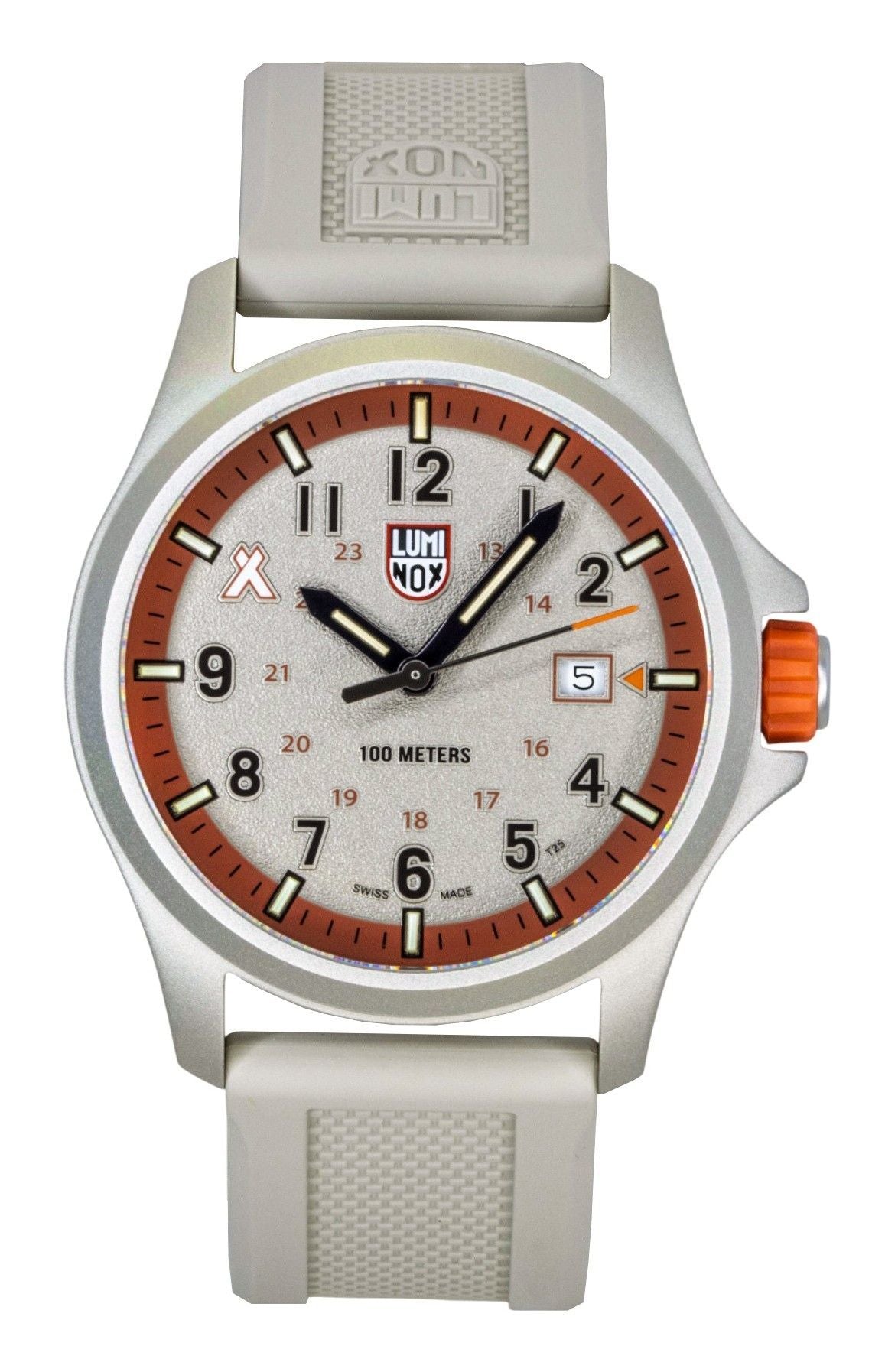 Luminox Bear Grylls Survival Land Rubber Strap Beige Dial. A brand-new Luminox Land watch featuring a Beige dial and a Rubber strap. Angled view.