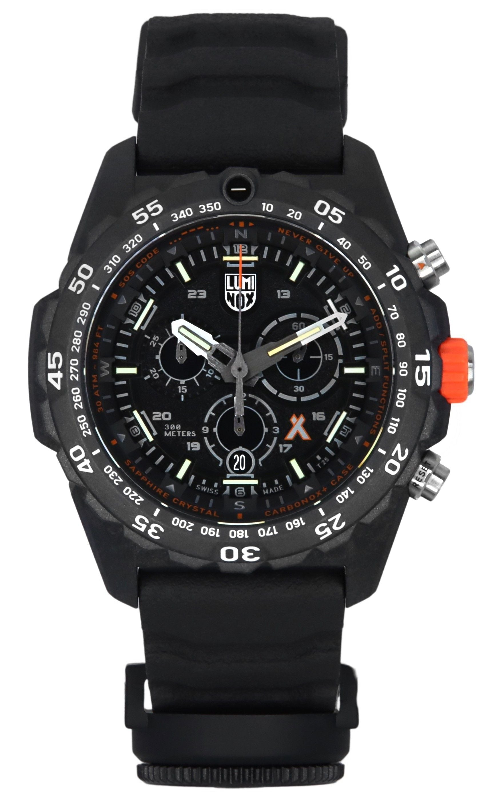 Luminox Bear Grylls Survival Master Series Chronograph. A brand-new Luminox Bear Grylls watch featuring a Black dial. Angled view.