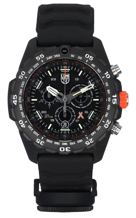 Luminox Bear Grylls Survival Master Series Chronograph. A brand-new Luminox Bear Grylls watch featuring a Black dial. Angled view.