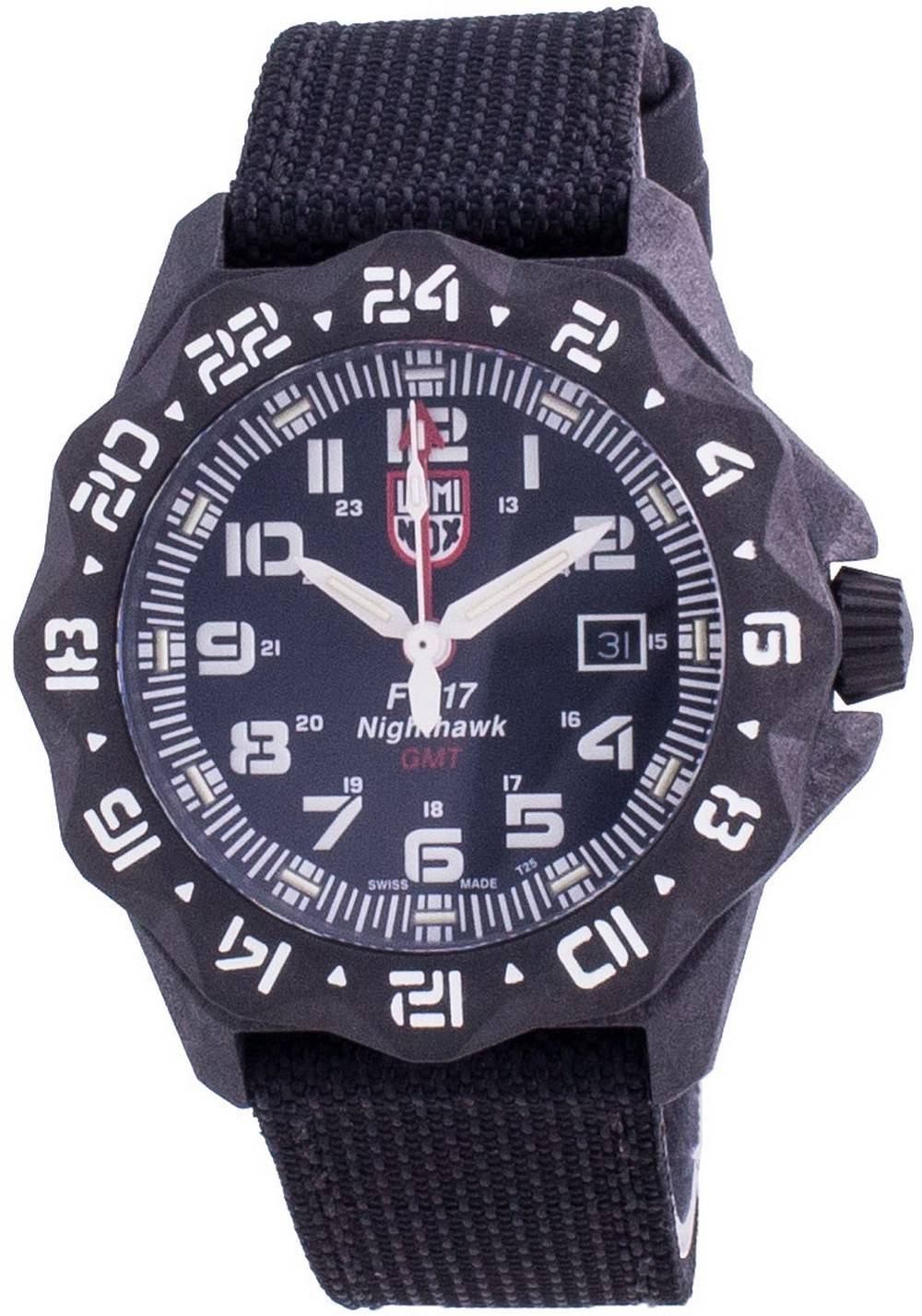 Luminox F-117 Nighthawk Diver's Quartz 200M Water Resistant. A brand-new Luminox watch featuring a Polyester strap. Side view.