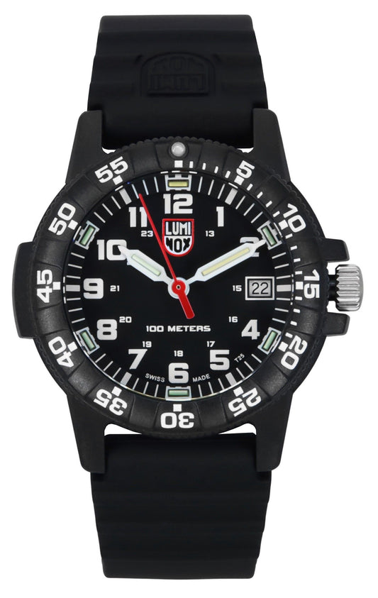 Luminox Leatherback Sea Turtle Silicone Strap Black Dial. A brand-new Luminox Sea watch featuring a Black dial and a Silicone strap. Angled view.
