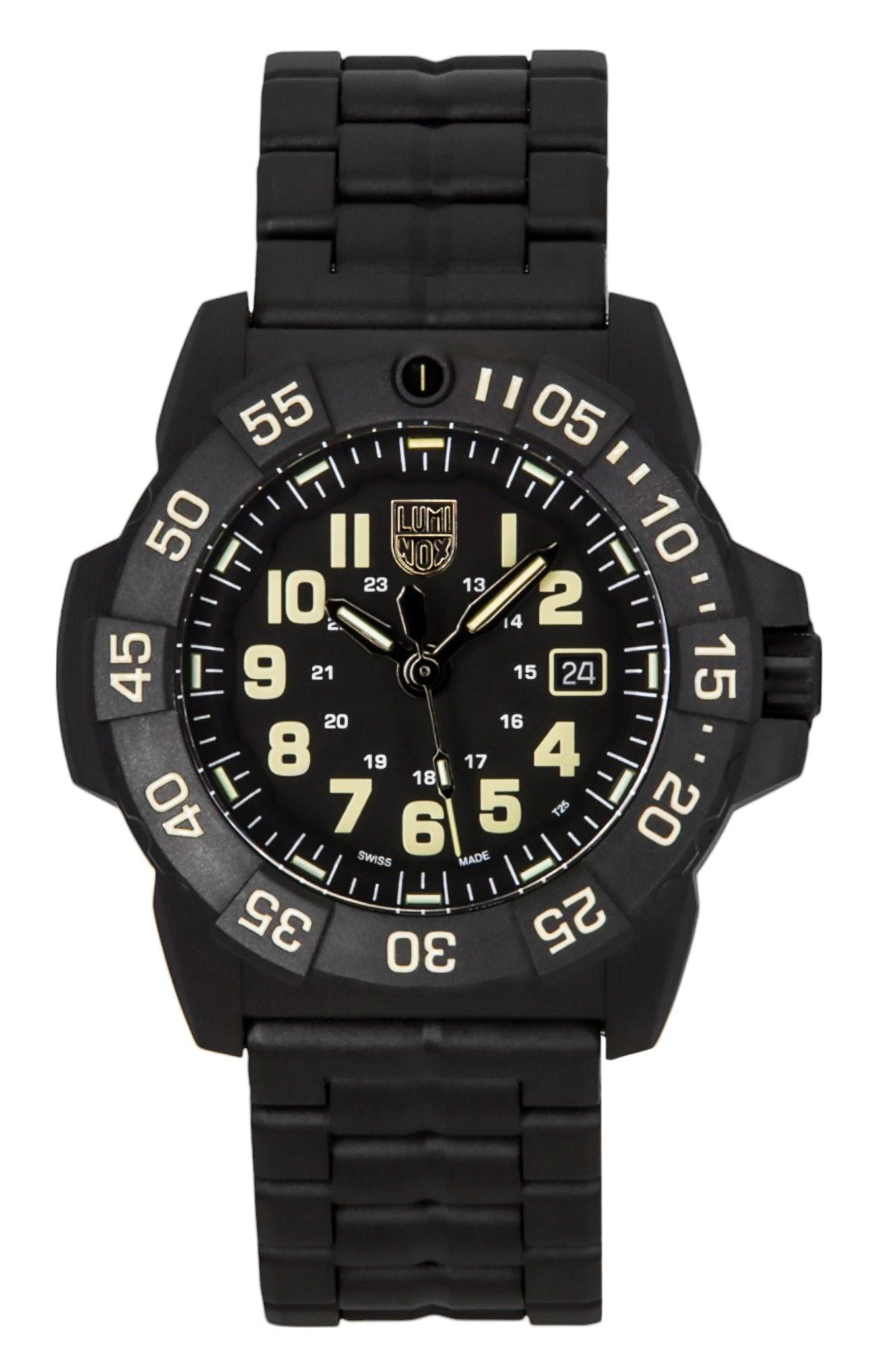 Luminox Navy SEAL 3500 Military Stainless Steel Black Dial. A brand-new Luminox watch featuring a Black dial and a Stainless steel strap. Front view.