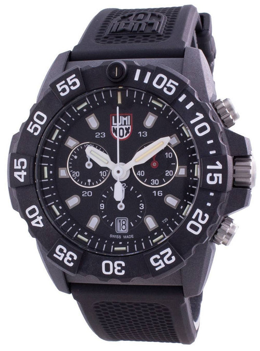 Luminox Navy Seal Quartz Chronograph 200M Water Resistant. A brand-new Luminox watch featuring a Rubber strap. Front view.