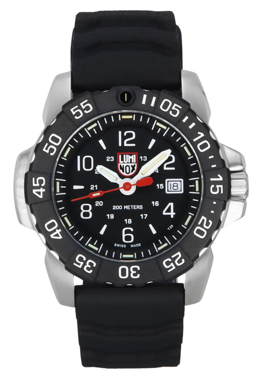 Luminox Navy Seal RSC Rubber Strap Black Dial Quartz. A brand-new Luminox watch featuring a Black dial and a Rubber strap. Angled view.