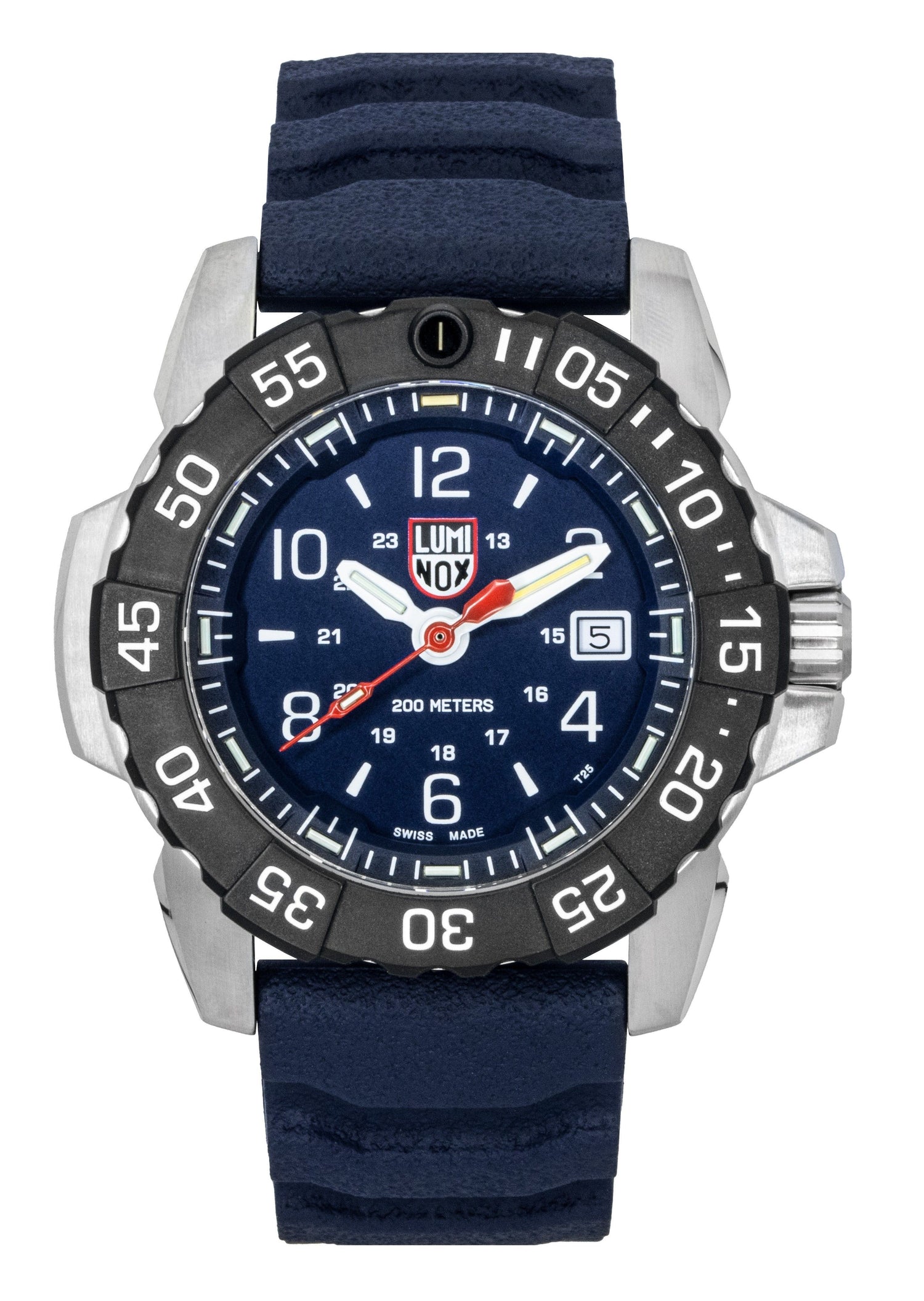 Luminox Navy Seal Rubber Strap Blue Dial Quartz Diver's 200M. A brand-new Luminox watch featuring a Blue dial and a Rubber strap. Side view.