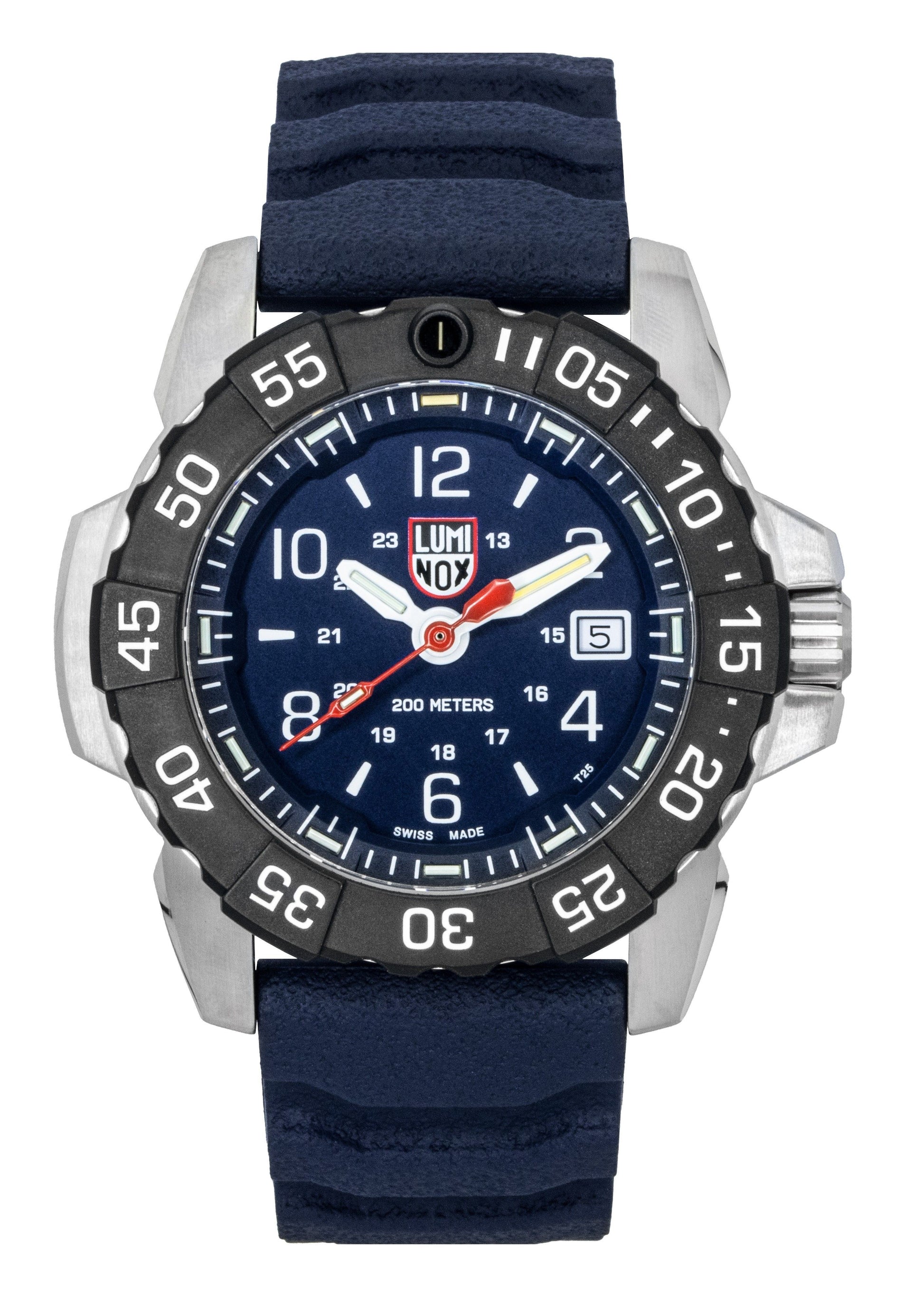 Luminox Navy Seal Rubber Strap Blue Dial Quartz Diver's 200M. A brand-new Luminox watch featuring a Blue dial and a Rubber strap. Side view.