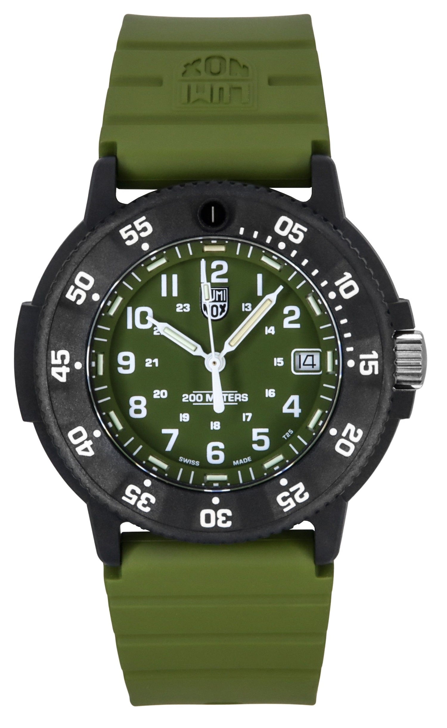 Luminox Original Navy Seal Rubber Strap Green Dial Quartz. A brand-new Luminox Original Navy Seal watch featuring a Green dial and a Rubber strap. Front view.