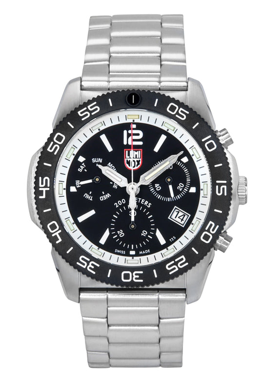 Luminox Pacific Diver Chronograph Stainless Steel Black. A brand-new Luminox watch featuring a Black dial and a Stainless steel strap. Angled view.