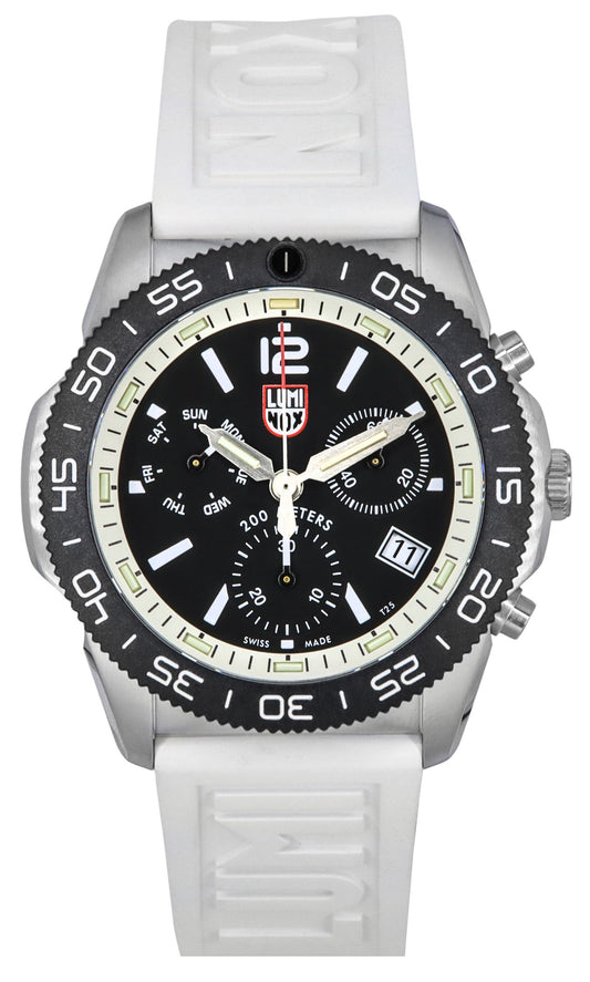 Luminox Pacific Diver Chronograph White Rubber Strap Black. A brand-new Luminox watch featuring a Black dial and a Rubber strap. Front view.