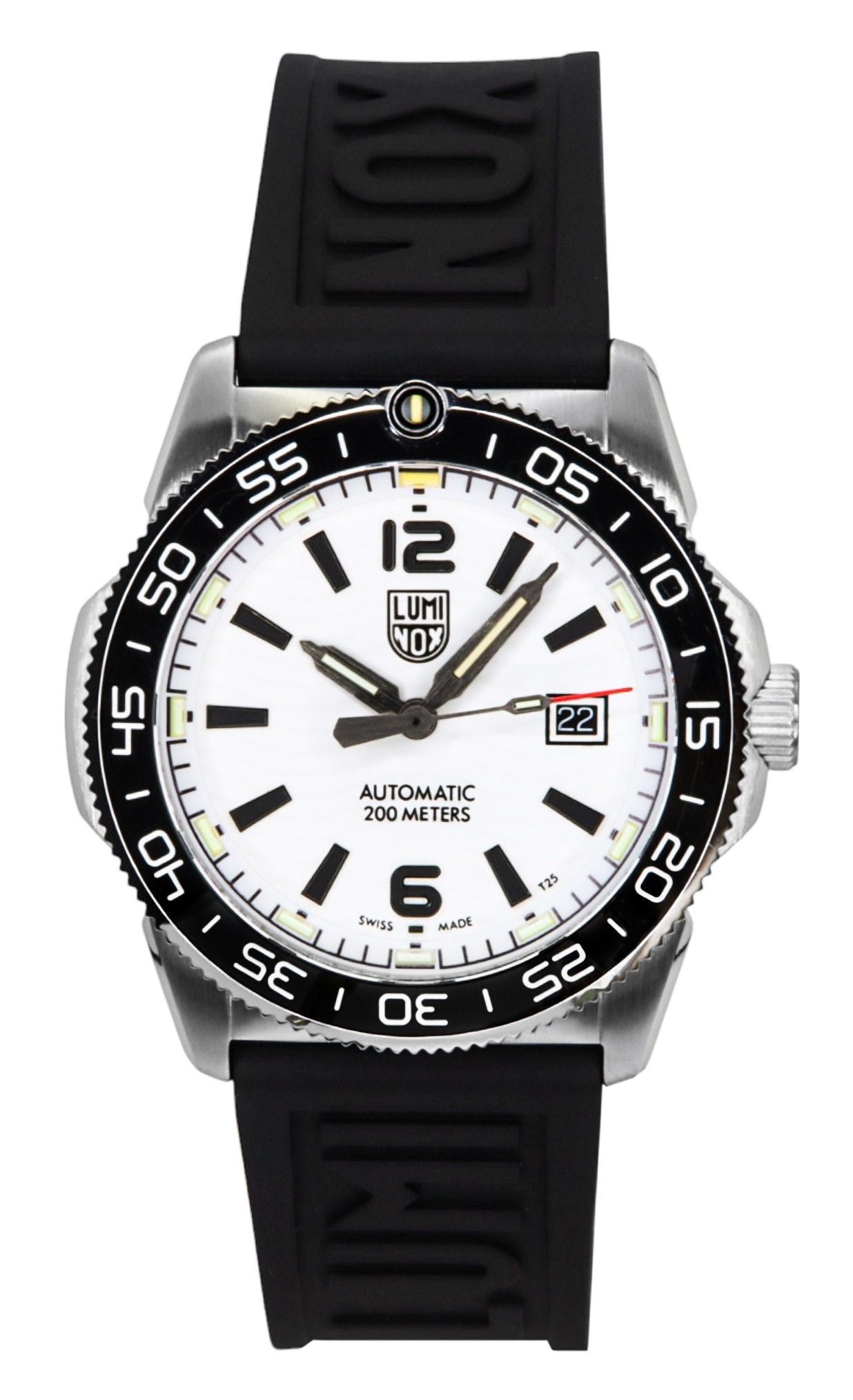 Luminox Pacific Diver Midnight Mariner Rubber Strap White. A brand-new Luminox watch featuring a White dial and a Rubber strap. Angled view.