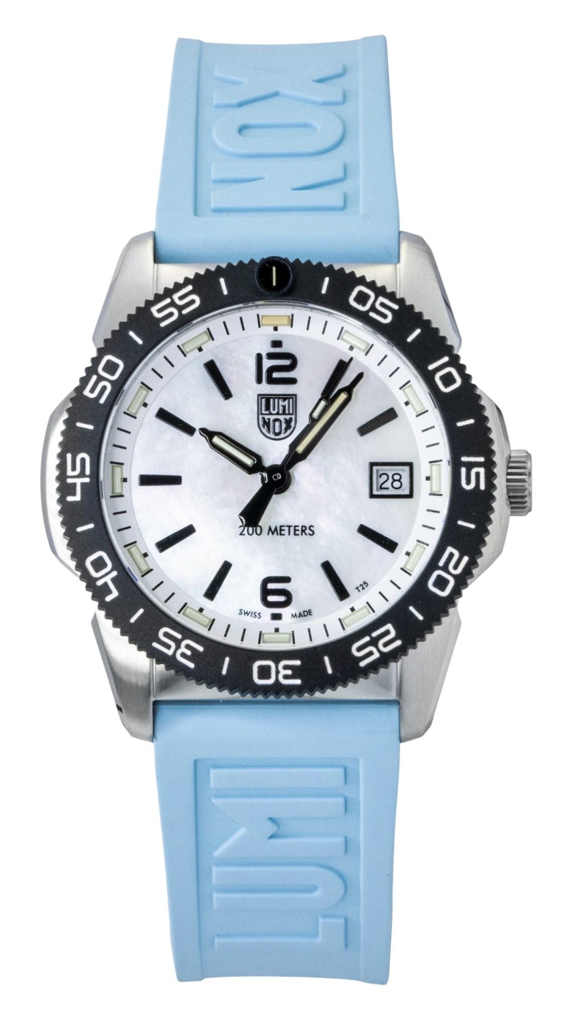 Luminox Pacific Diver Ripple Rubber Strap Mother Of Pearl. A brand-new Luminox watch featuring a Mother Of Pearl dial and a Rubber strap. Angled view.