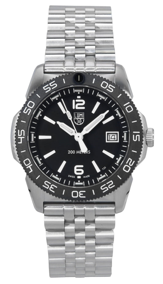 Luminox Pacific Diver Ripple Stainless Steel Black Dial. A brand-new Luminox watch featuring a Black dial and a Stainless steel strap. Side view.