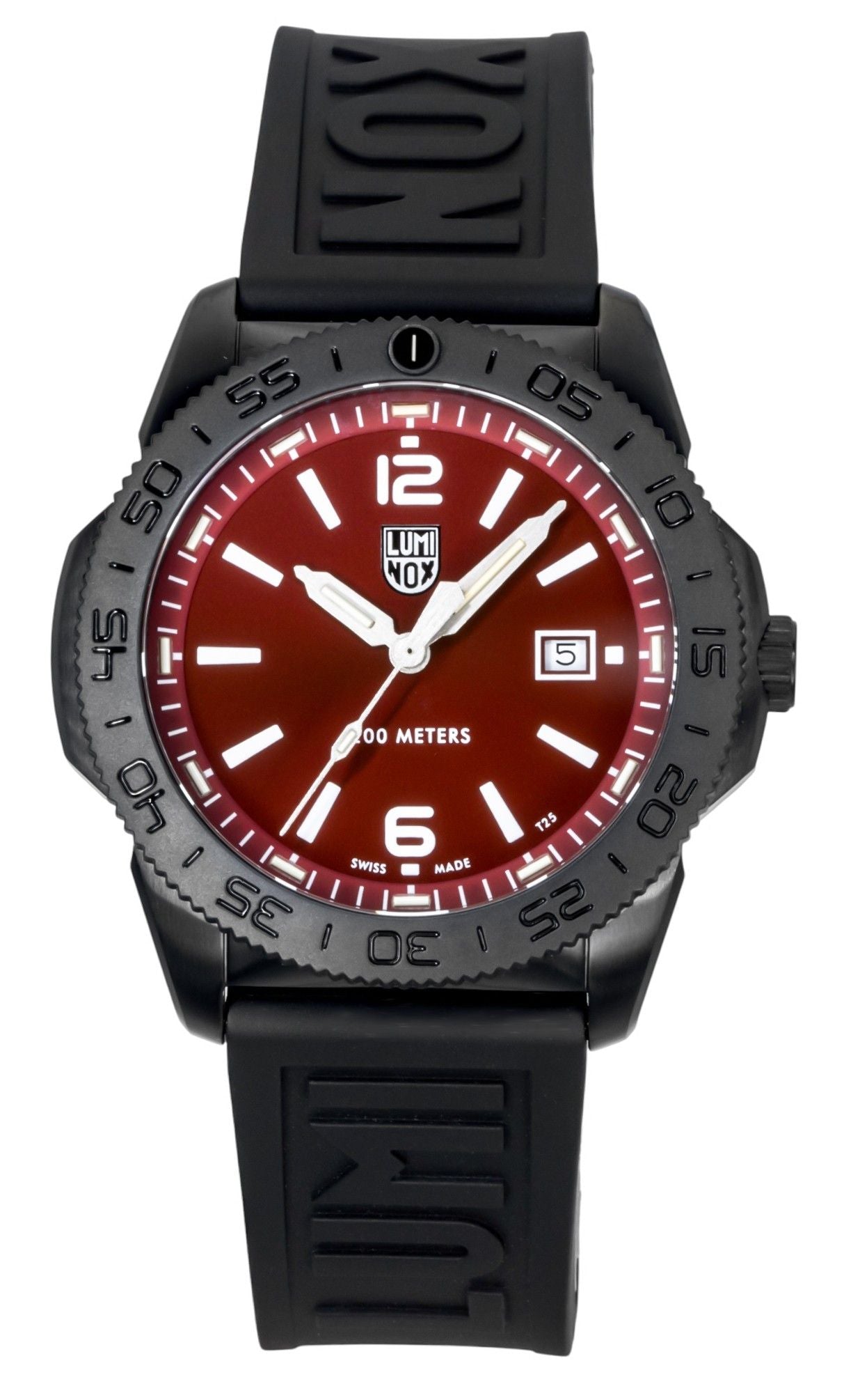 Luminox Pacific Diver Rubber Strap Red Sunray Dial Quartz. A brand-new Luminox watch featuring a Rubber strap. Angled view.