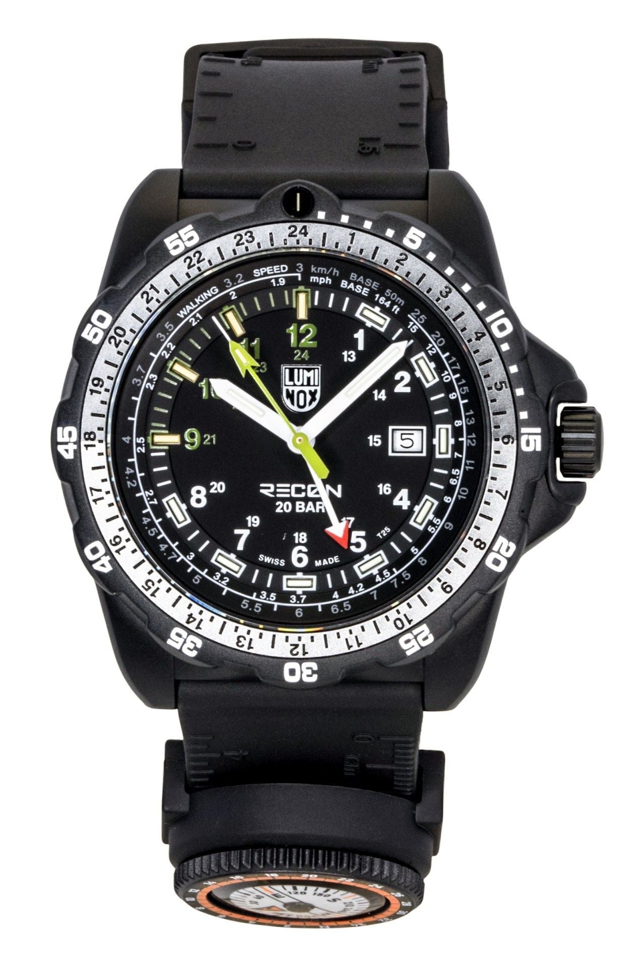 Luminox Recon Nav Spec GMT Rubber Strap Black Dial Quartz. A brand-new Luminox watch featuring a Black dial and a Rubber strap. Side view.