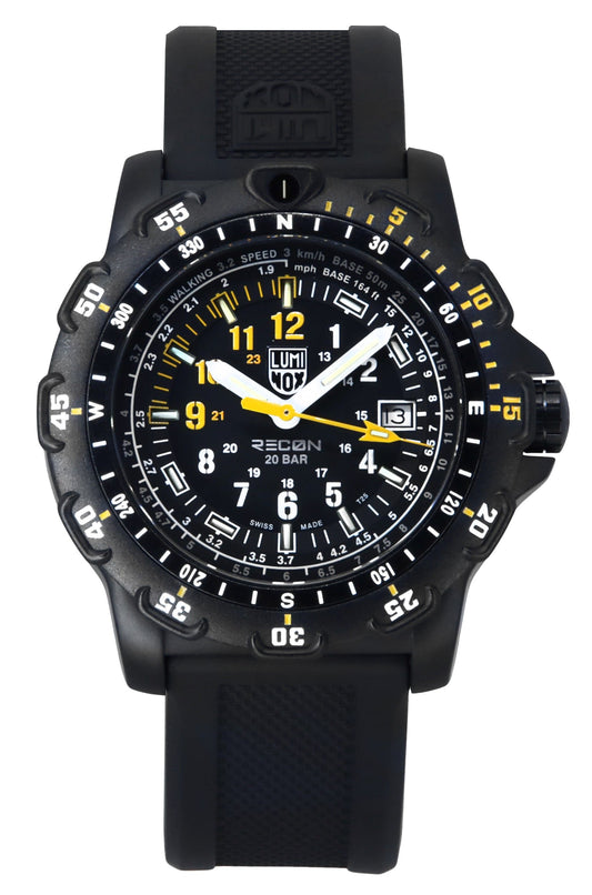 Luminox RECON Point Man Heritage Rubber And Nylon Strap. A brand-new Luminox watch featuring a Black dial and a Nylon strap. Side view.