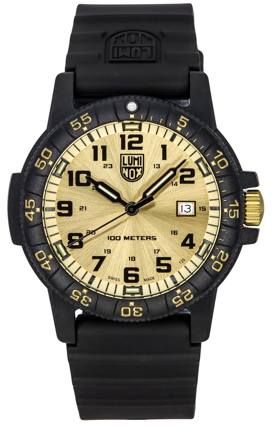 Luminox Sea Turtle Giant Plastic Strap Gold Dial Swiss. A brand-new Luminox Sea watch featuring a Gold dial. Angled view.